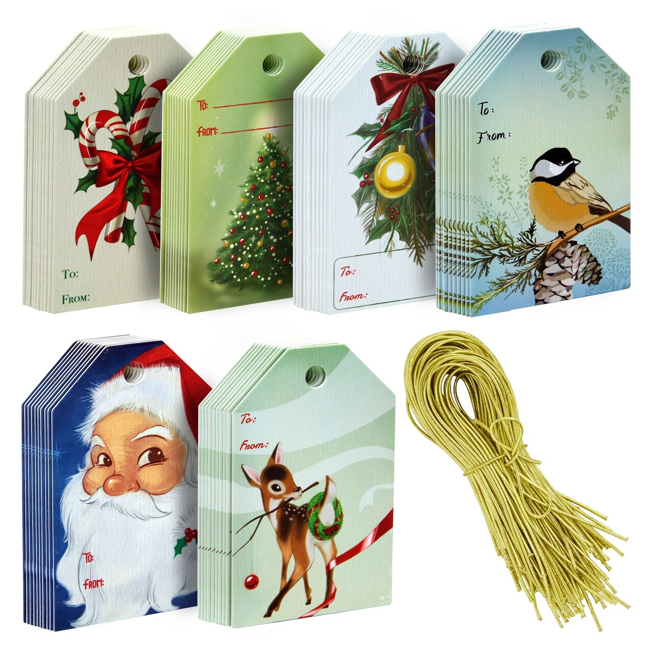 120 Pack Vintage Christmas Gift Tags with Gold Strings for Holiday Presents, 6 Designs (2.2 x 3.5 In)